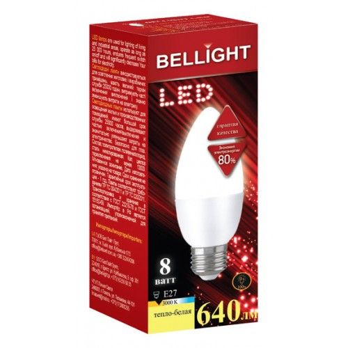 BELLIGHT LED C37 8W 220V E27 3000K Лампа светодиодная Свеча
