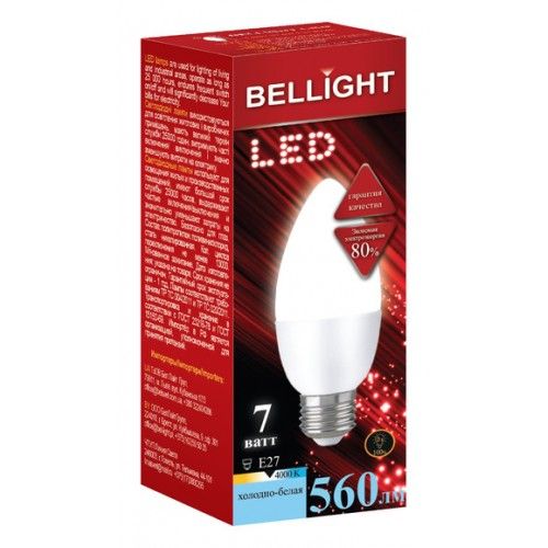 BELLIGHT LED C37 7W 220V E27 4000K Лампа светодиодная Свеча