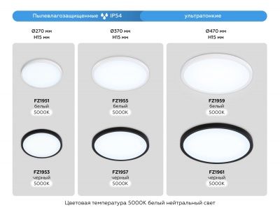 Ambrella FZ1953 BK Свет-ник светод-ный ультратонкий черный IP54 20W D270*15 (Без ПДУ) 5000K - хол. дневн. свет