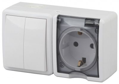 ЭРА Эксперт 11-7402-01 Блок розетка+выключатель двойной, IP54,16A-10AX-250V, ОУ, белый (1 / 8 / 80)