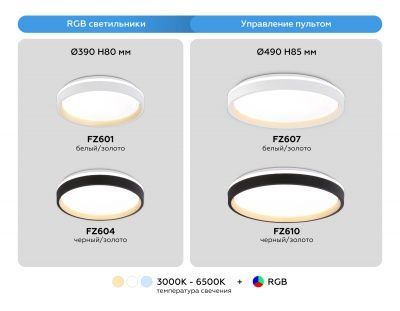 Ambrella FZ601 WH/GD Свет-ник потолочный светод-ный с пультом белый/золото IP20 46W 3000K-6500K+RGB D390*80 (ПДУ ИК) 3000K - тепл. бел. свет
